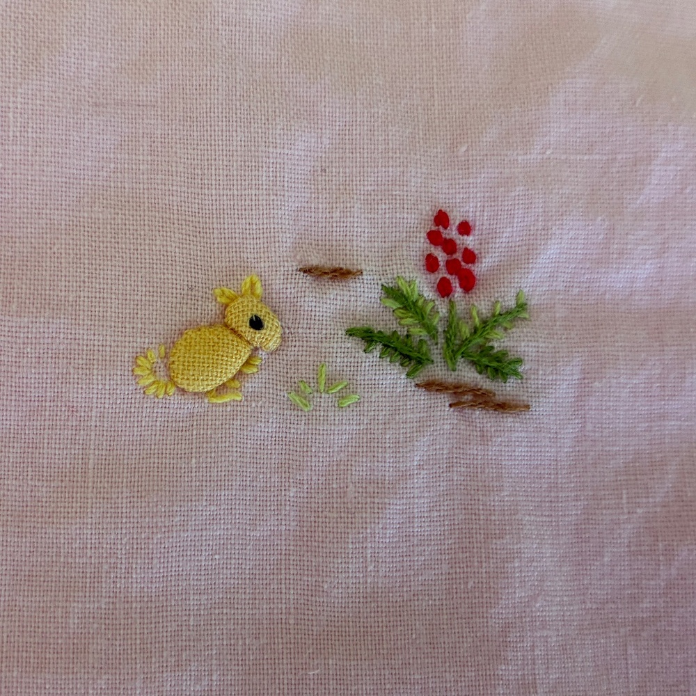 Vintage Embroidered Pink Cotton Crib Sheet Mountains, Bunnies, And Flowers - Picture 6 of 6